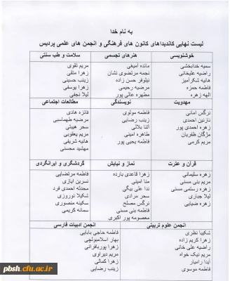 لیست نهایی کاندیداهای کانون های فرهنگی و انجمن های علمی پردیس شهید باهنر