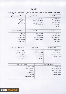 لیست نهایی اعضای شورای اصلی کانون های فرهنگی و انجمن های علمی پردیس شهید باهنر در سال 99 