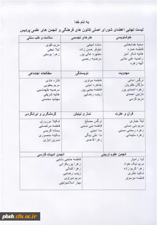 لیست نهایی اعضای شورای اصلی کانون های فرهنگی و انجمن های علمی پردیس شهید باهنر در سال 99 